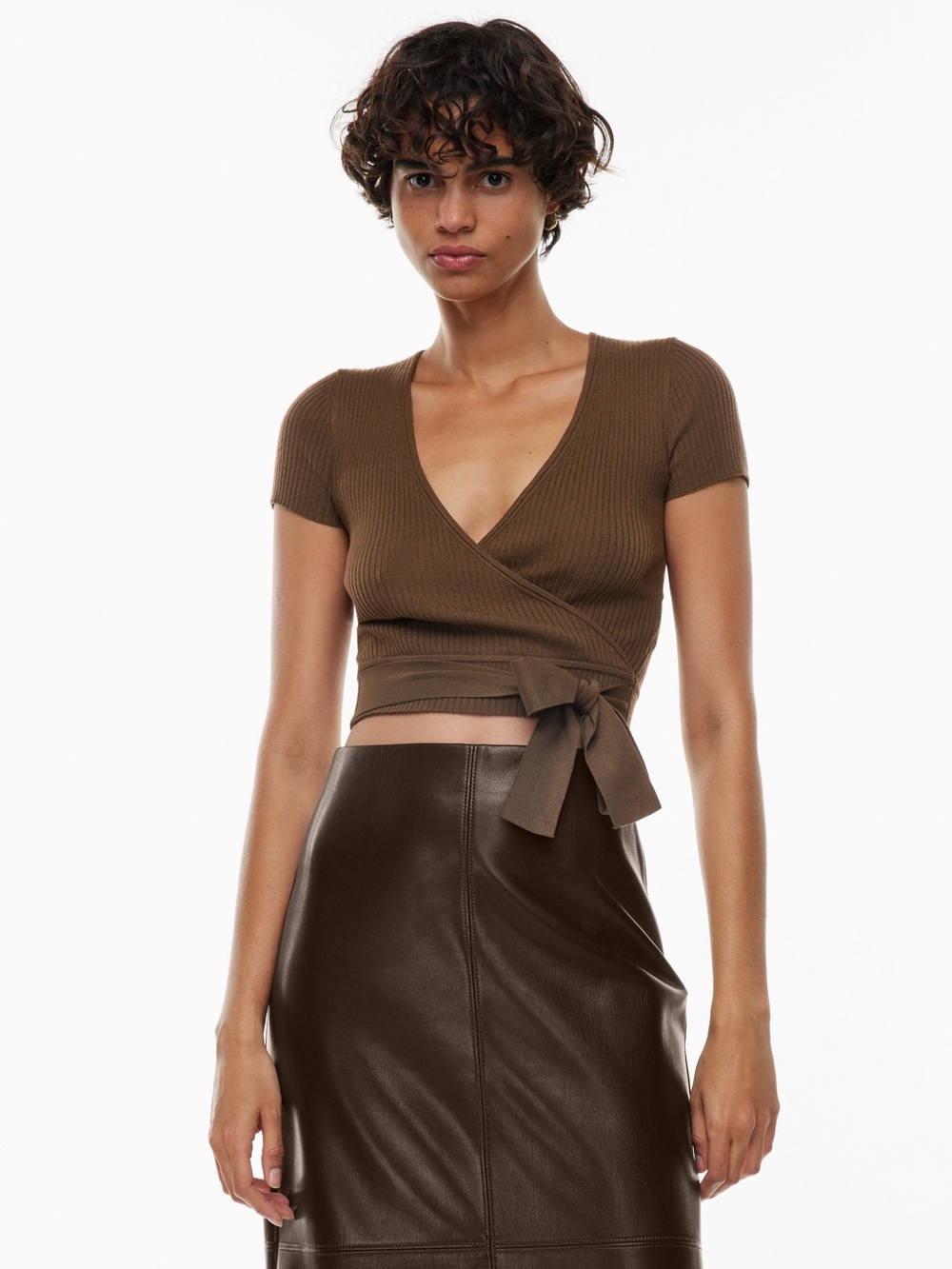 Wilfred Brown Ribbed Wrap Crop Top Size Large